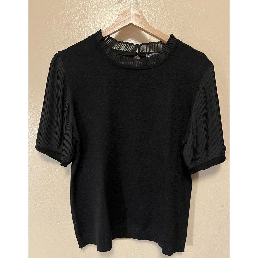 Adrianna Papell Sweater Pleated Short Sleeves and Collar‎ Keyhole Black Size M